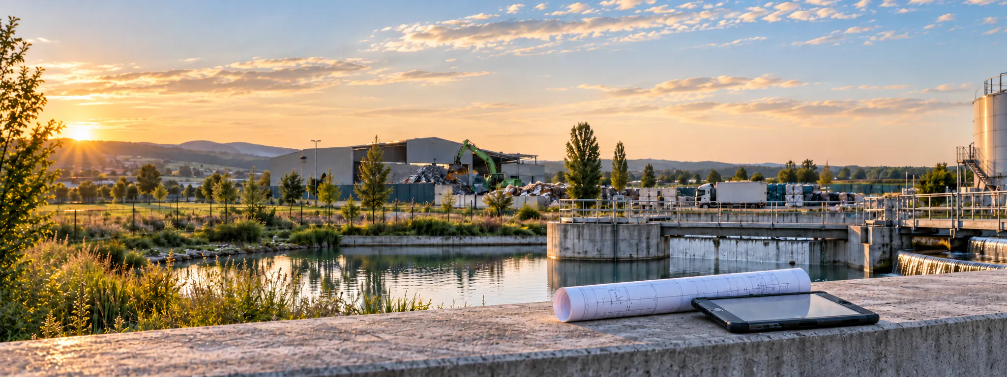 Site industriel au lever du soleil, avec bassin et ouvrage de traitement d’eau, où s’intègre un poste de relevage sur mesure