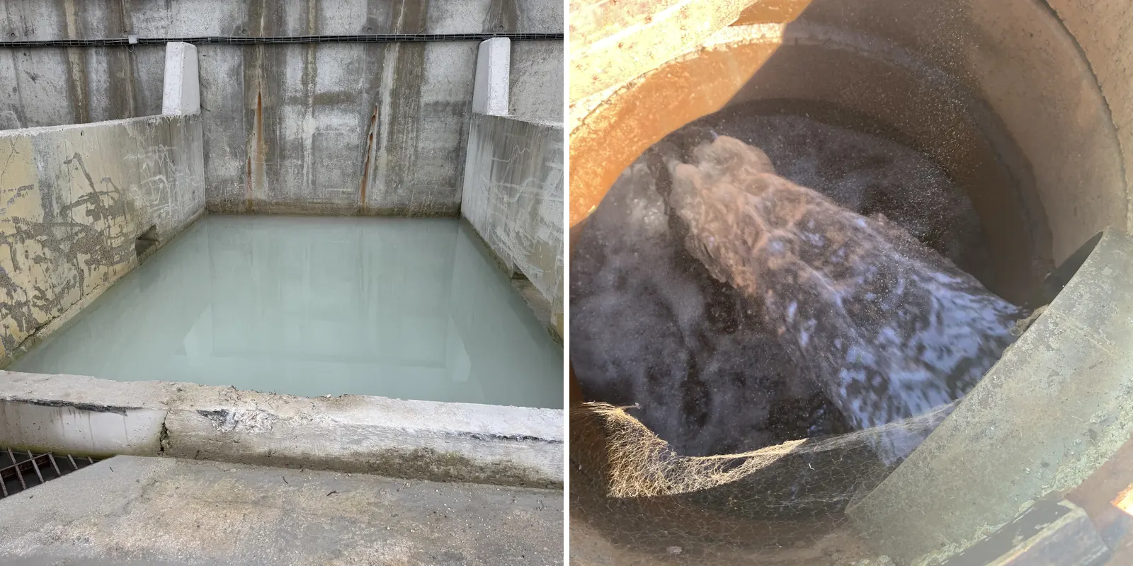 Diagnostic d'un décanteur existant : bassin béton chargé en fines et arrivée d'eau turbulente dans un regard