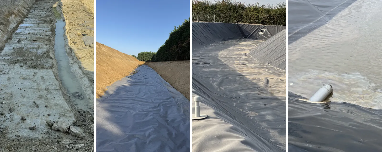 Étapes de réalisation d'un bassin de décantation : terrassement, pose de la géomembrane, installation des équipements et mise en eau