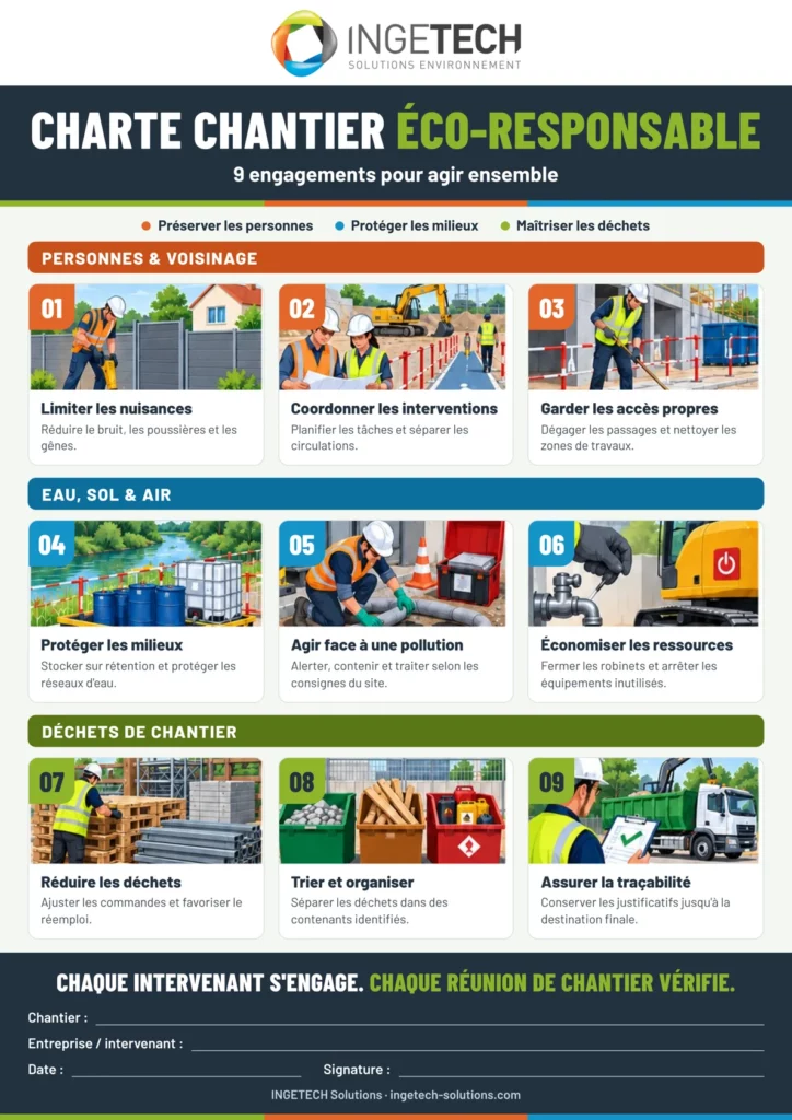 Affiche de la charte chantier éco-responsable INGETECH : les 9 engagements pour agir ensemble